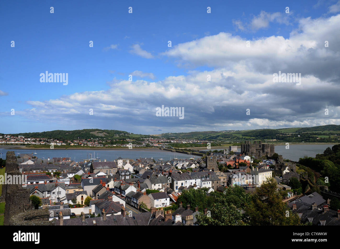 VIEW OF CONWY CASTLE FROM THE TOWN WALLS OF CONWY, NORTH WALES Stock Photo