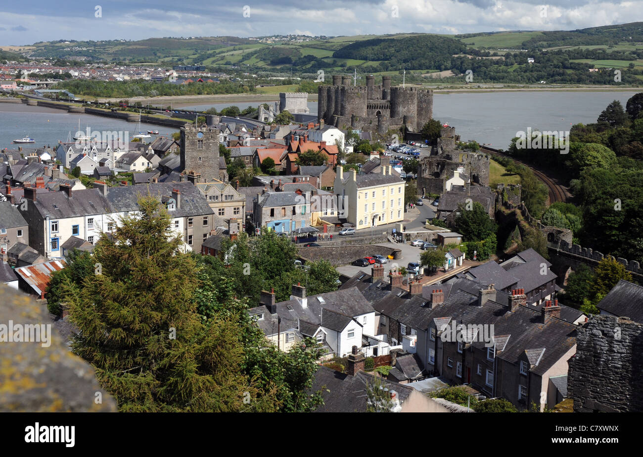 VIEW OF CONWY CASTLE FROM THE TOWN WALLS OF CONWY, NORTH WALES Stock Photo