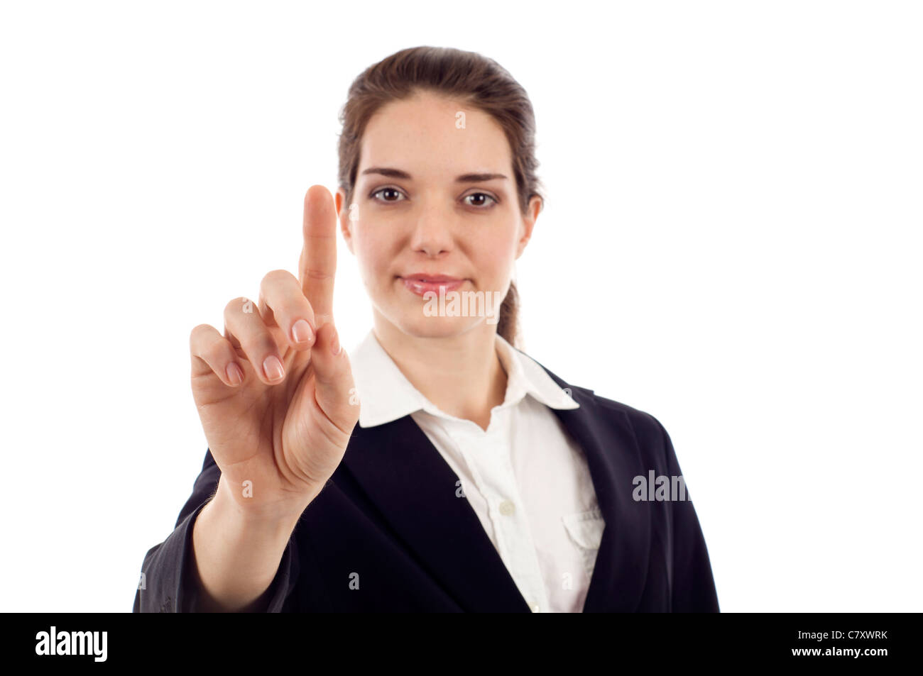 Business Woman Pushing Or Pointing A Screen Isolated Over White