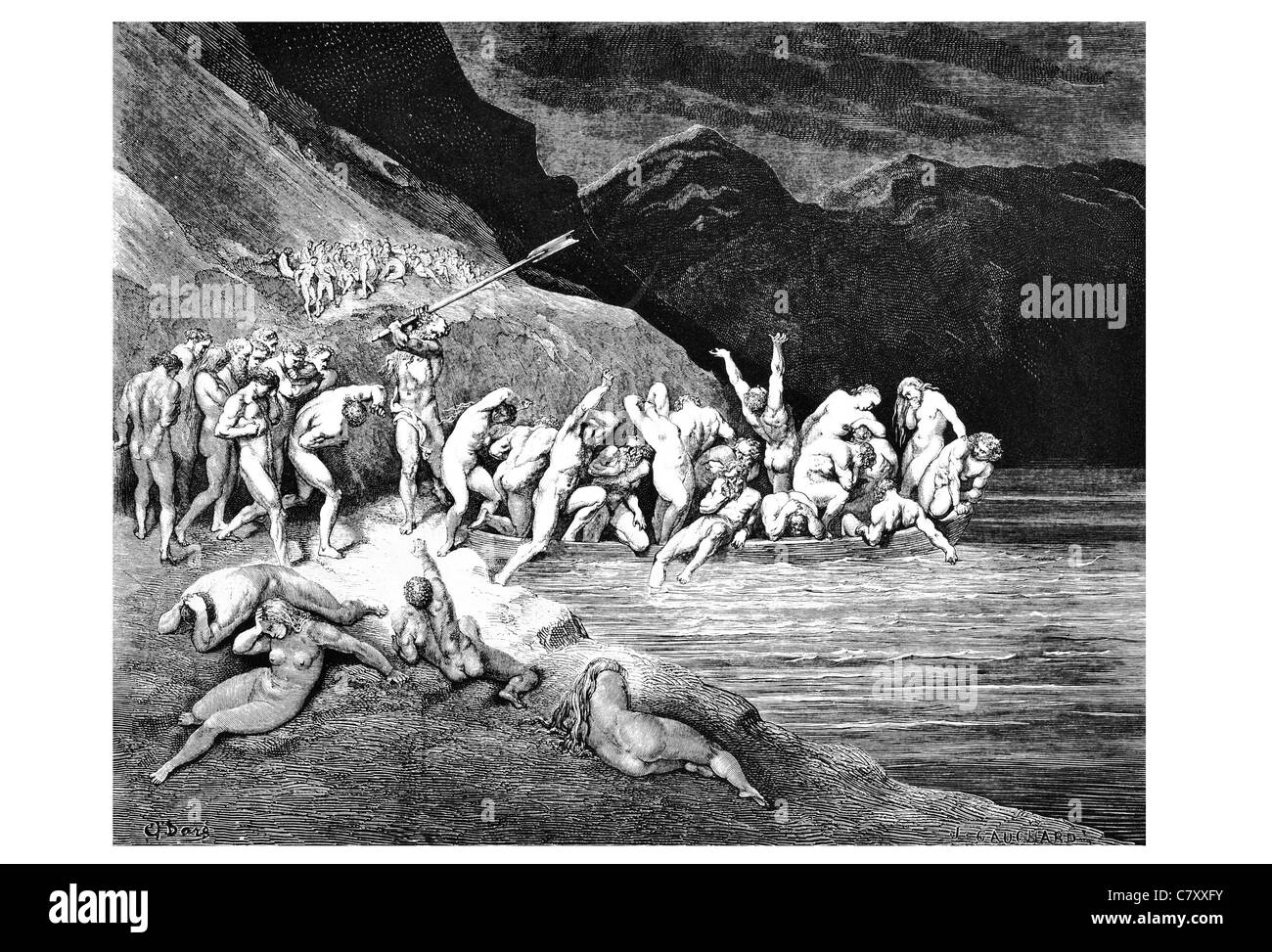 Adam's evil brood shore The Vision of Hell Dante Alighieri Gustave Doré divine comedy suffering punishment afterlife Religion in Stock Photo