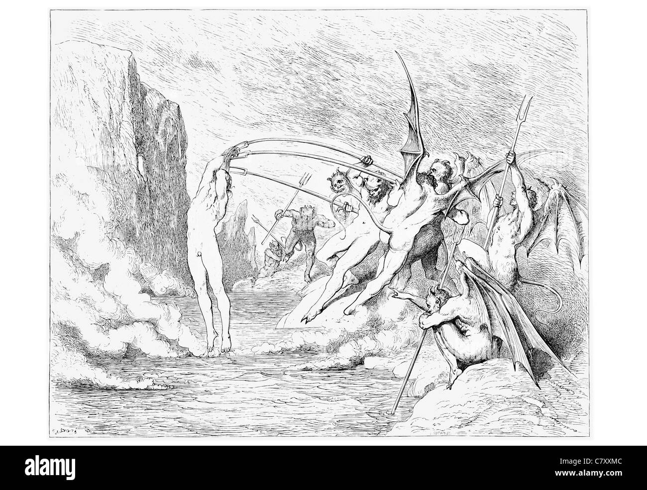 Winged monster monsters This said they grappled him with more than hundred hooks hook spear spike fork torture Stock Photo