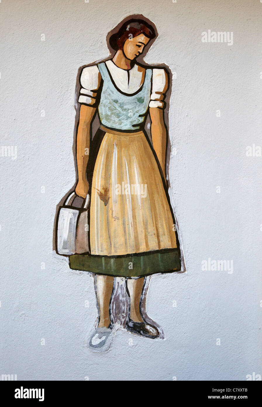 painting of Austrian woman in dirndl Stock Photo