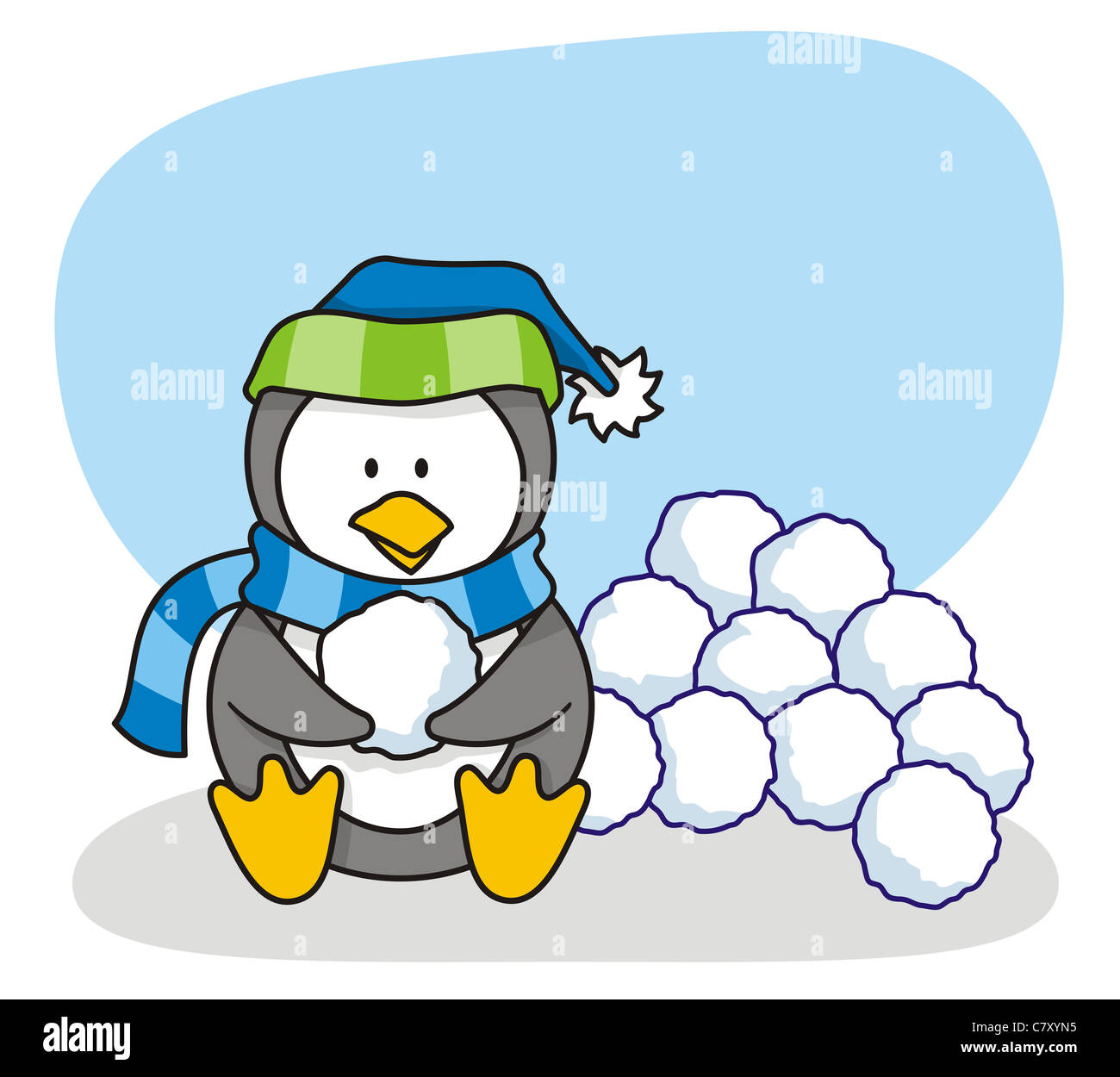Vector cartoon of little penguin with snow Stock Photo