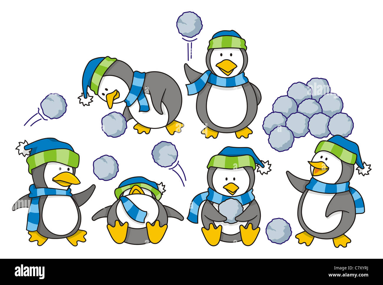 Cartoon of little penguins playing in the snow Stock Photo - Alamy