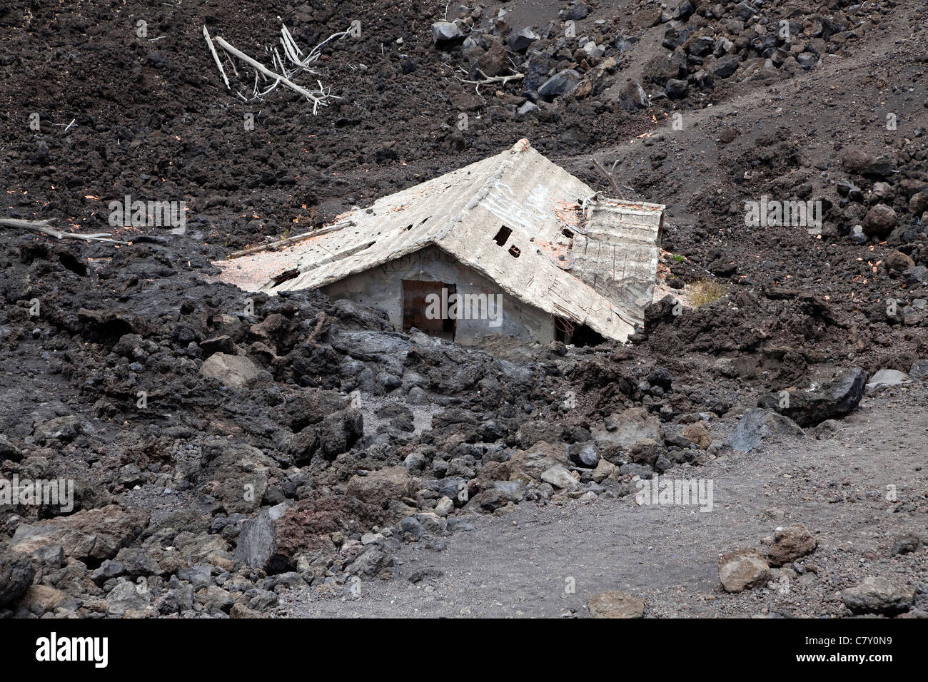 Natural disasters abandoned house destroyed by the lava on Mount Etna