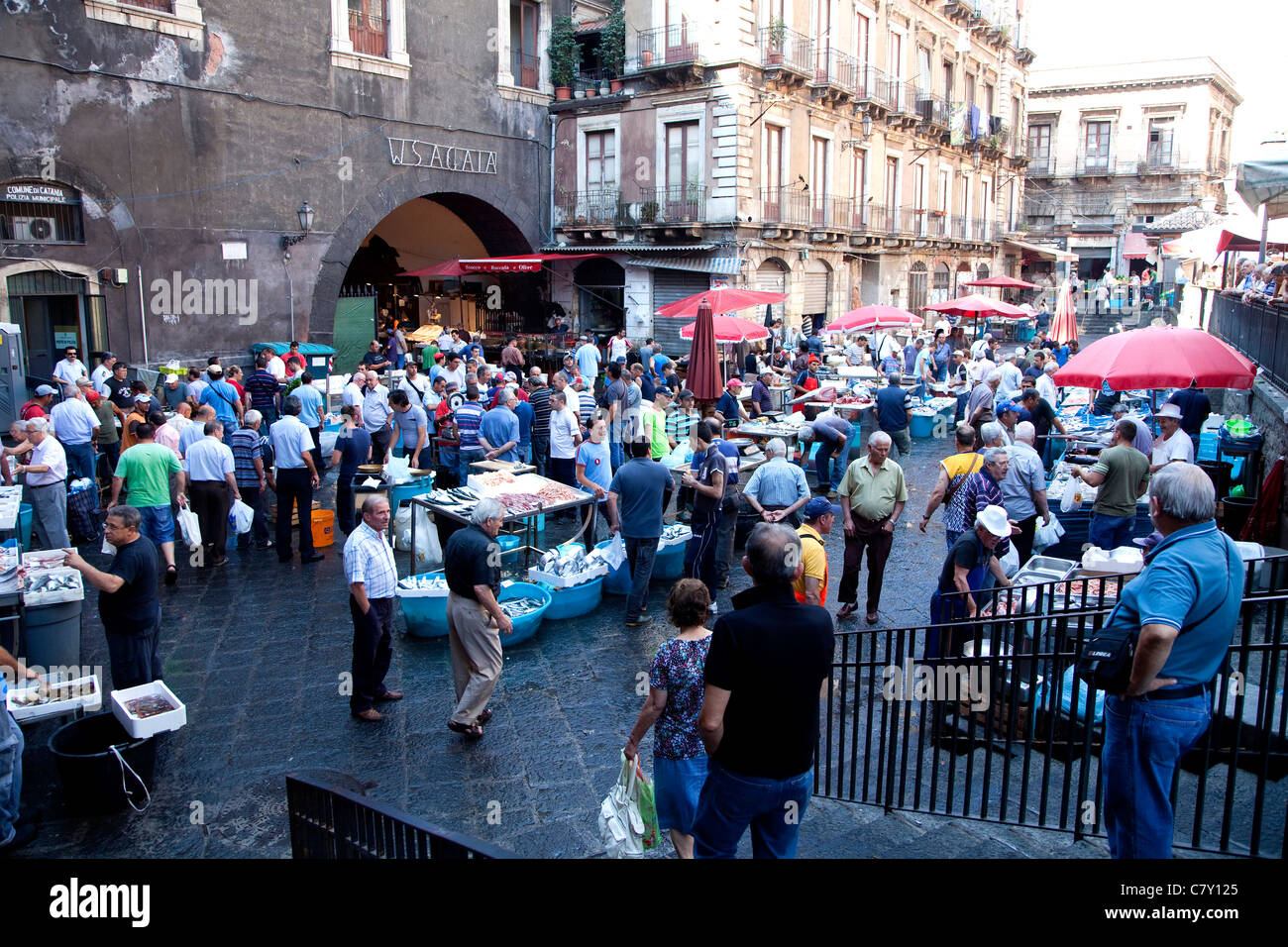 Traditional fish shop selling seafood at old market in Catania, Sicily, Sicilia, Italy Stock Photo