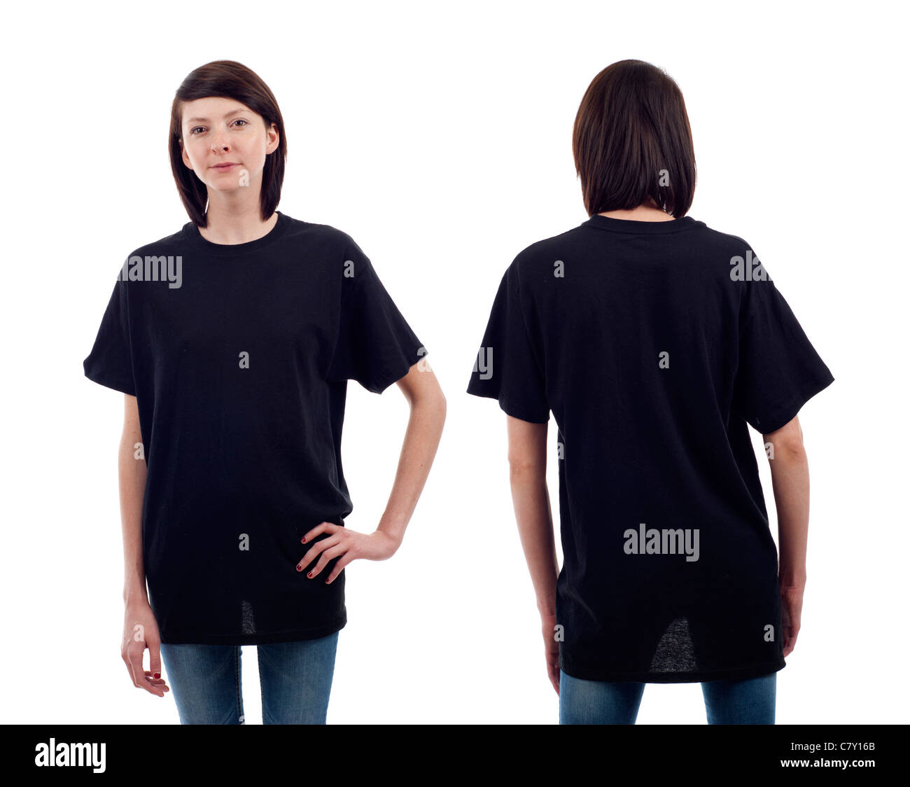 Young beautiful woman, model with blank black shirt, front and back. Ready for your design or logo. Stock Photo