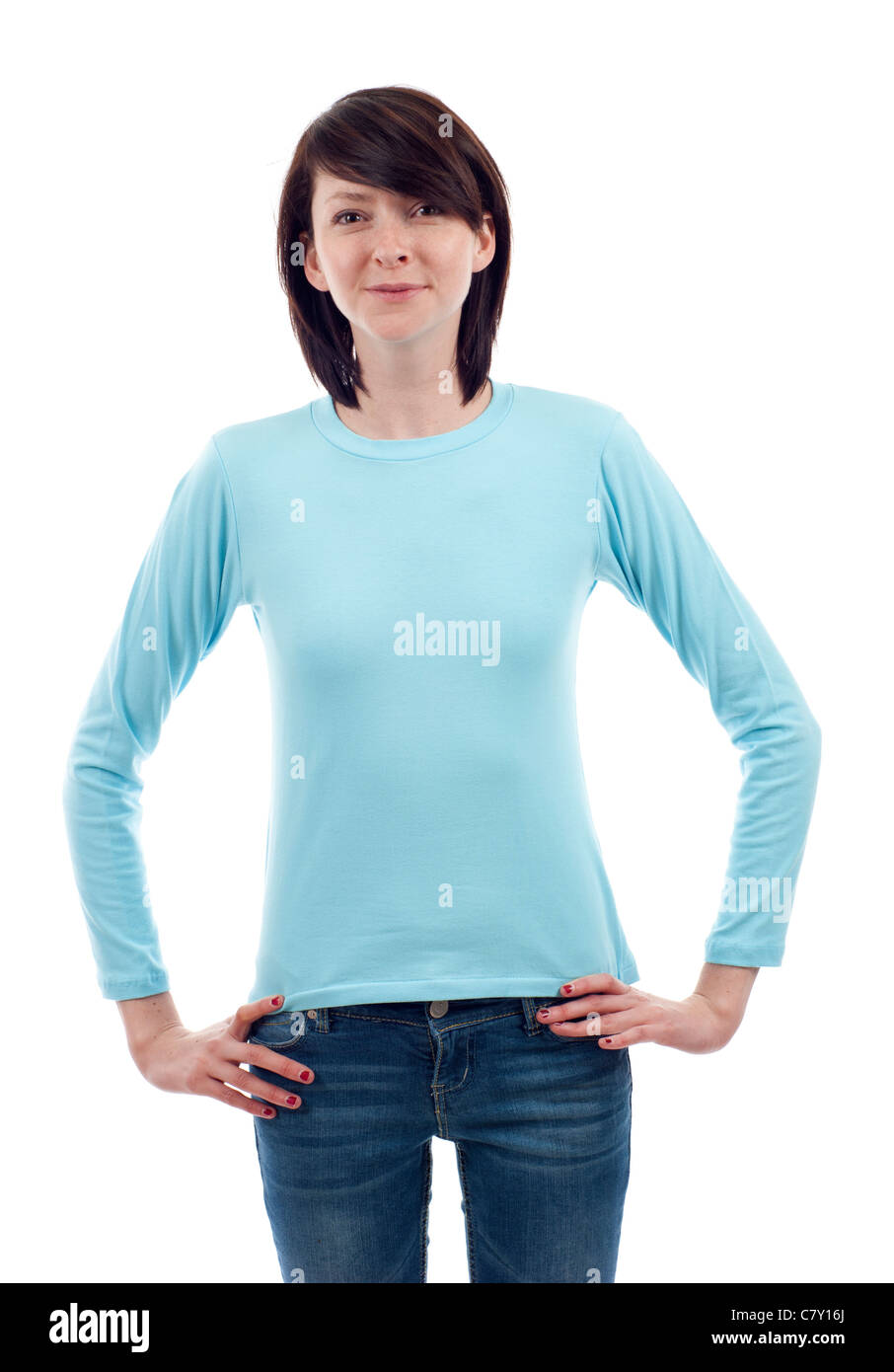 Young beautiful woman with blank light blue long sleeve shirt, Ready for your design or logo. Stock Photo