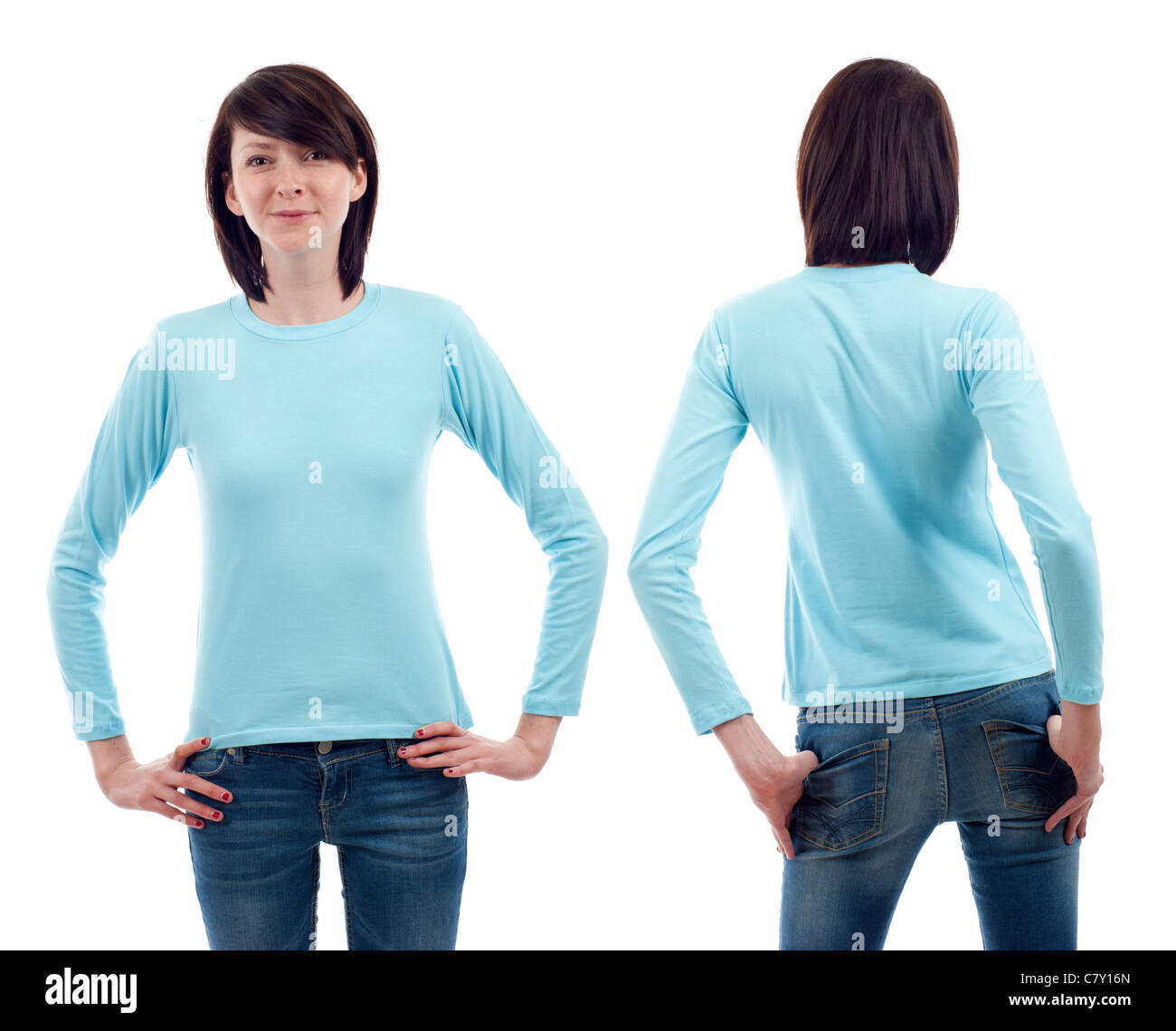 Young beautiful woman with blank light blue long sleeve shirt, front and back. Ready for your design or logo. Stock Photo