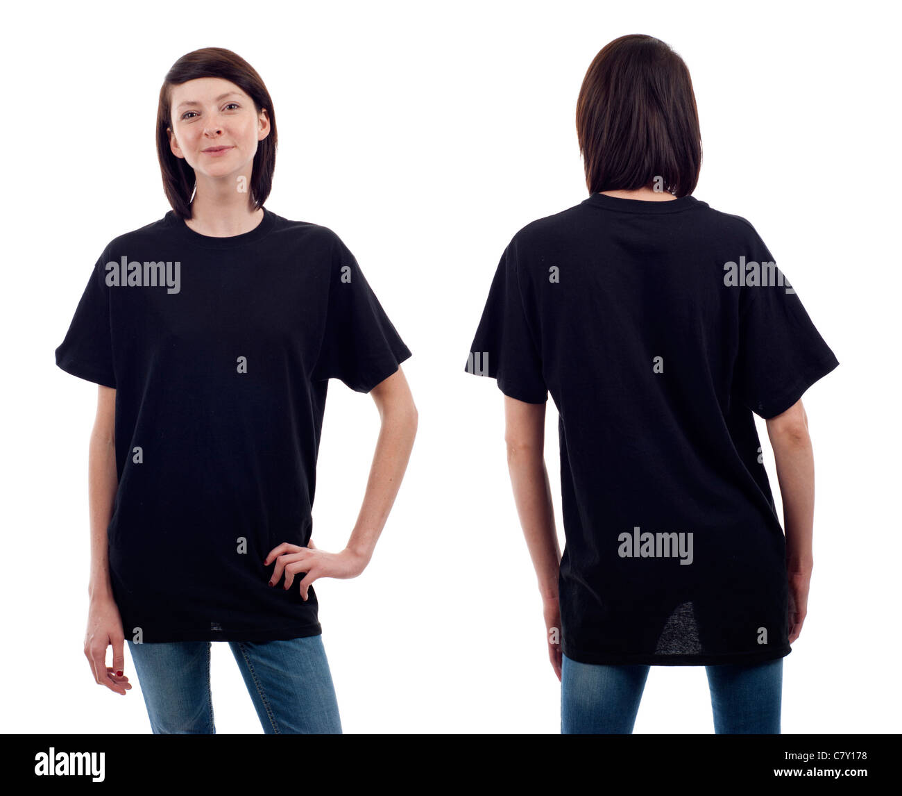 Young beautiful brunette female with blank black shirt, front and back. Ready for your design or logo. Stock Photo