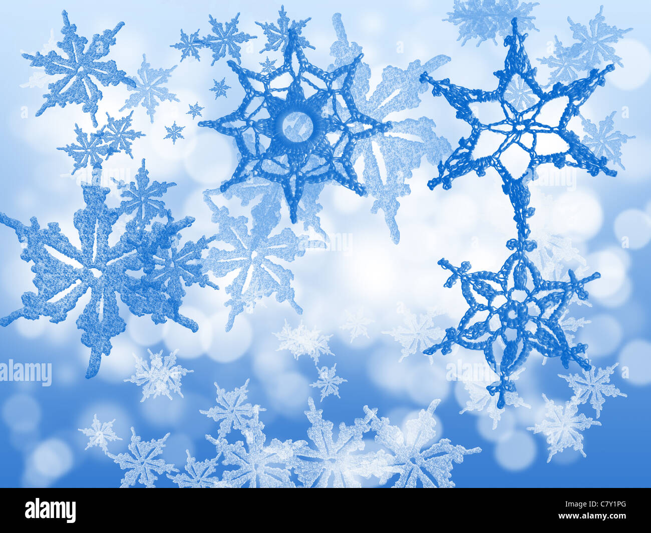 Abstract blue sparkling snowflakes background Stock Photo