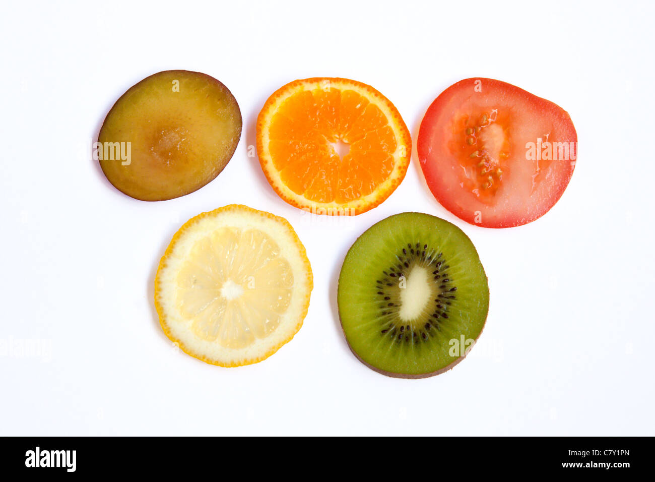 Olympic symbol made out of 5 pieces of fruit Stock Photo