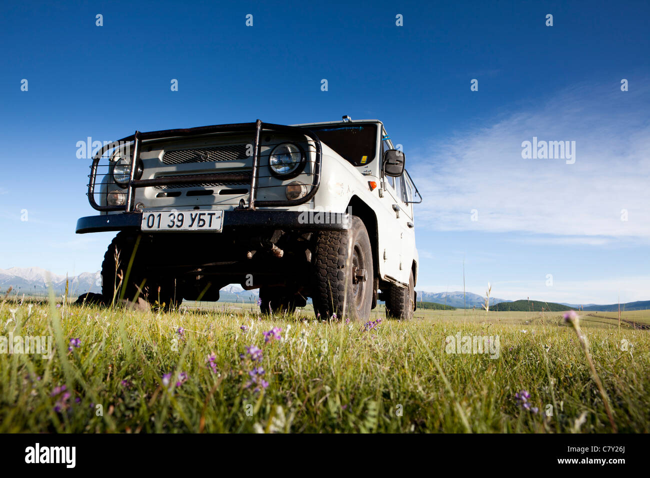 Russian jeep UAZ-469 in Mongolia on steppe, Mongolia Stock Photo