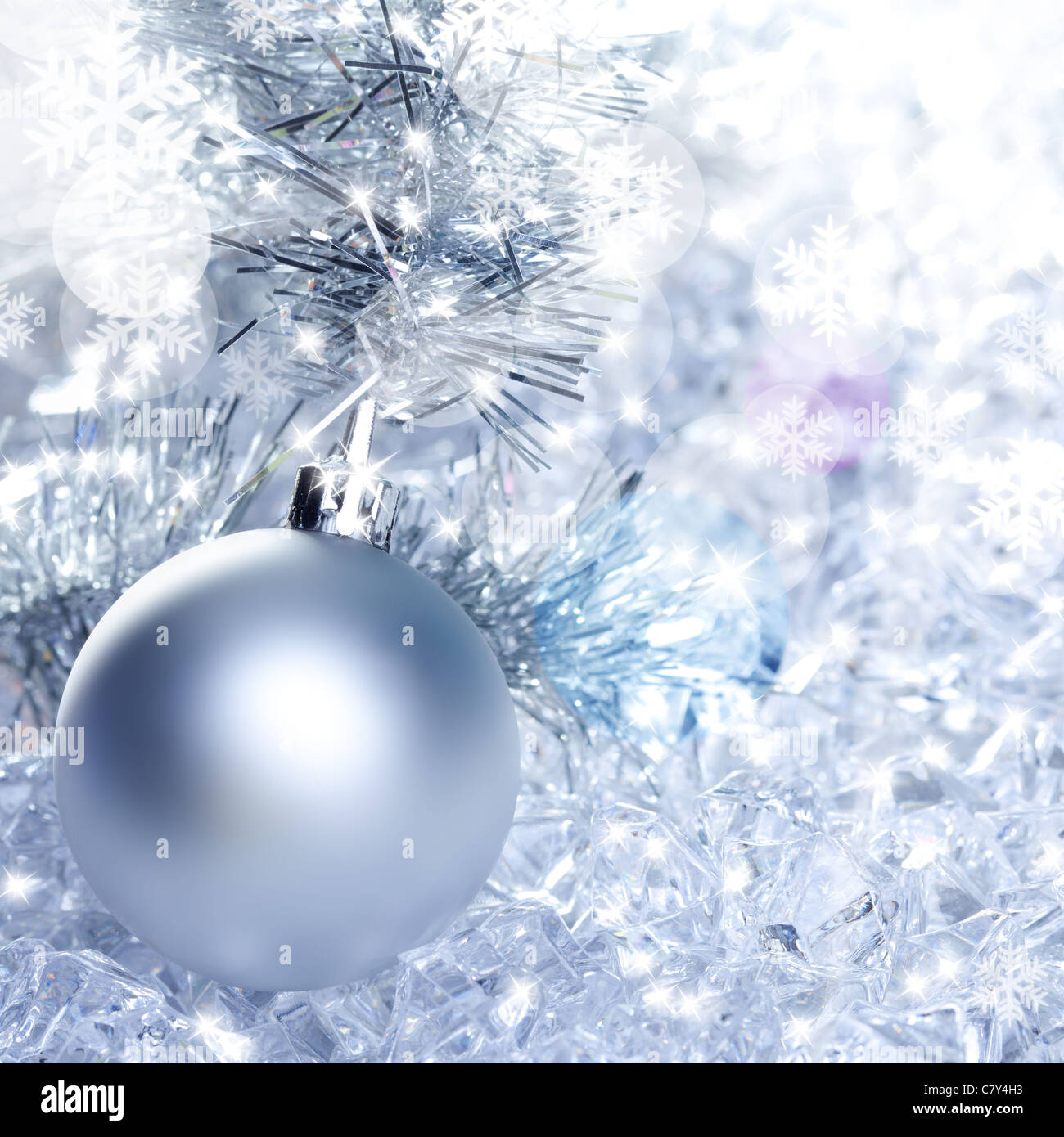 christmas baubles silver on winter ice with star symbol shapes Stock ...