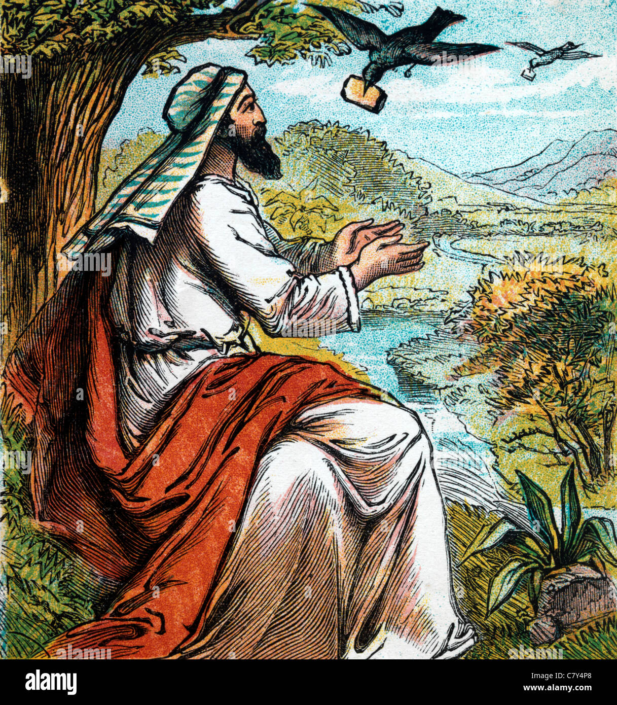 Bible Stories- Illustration Of Elijah By The Brook Cherith Near Jordan Being Fed By Ravens Stock Photo