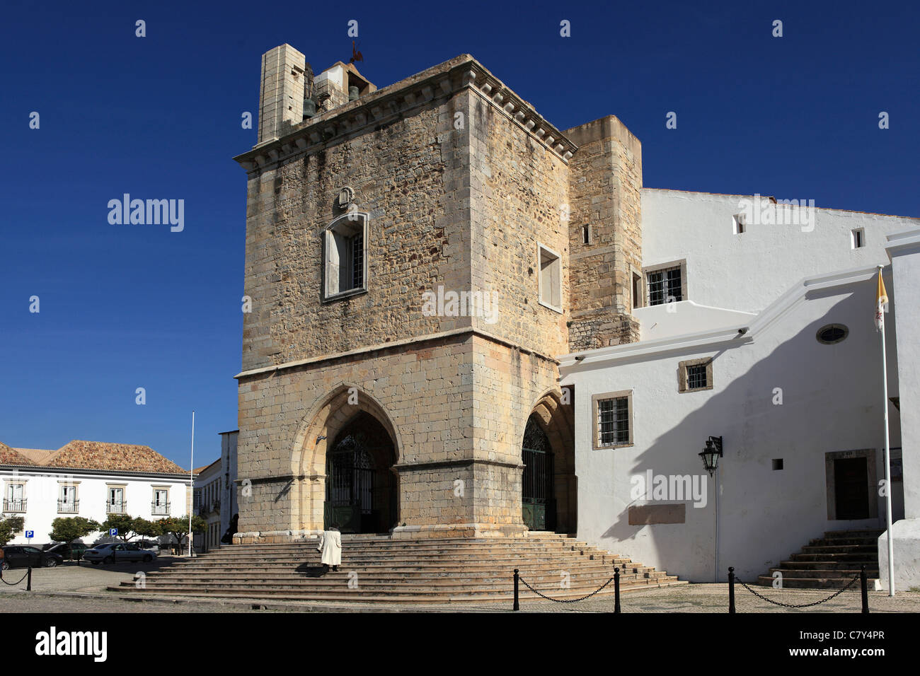 The entrance of Faro cathedral, the Se, in Faro on the Algarve, Portugal. Stock Photo