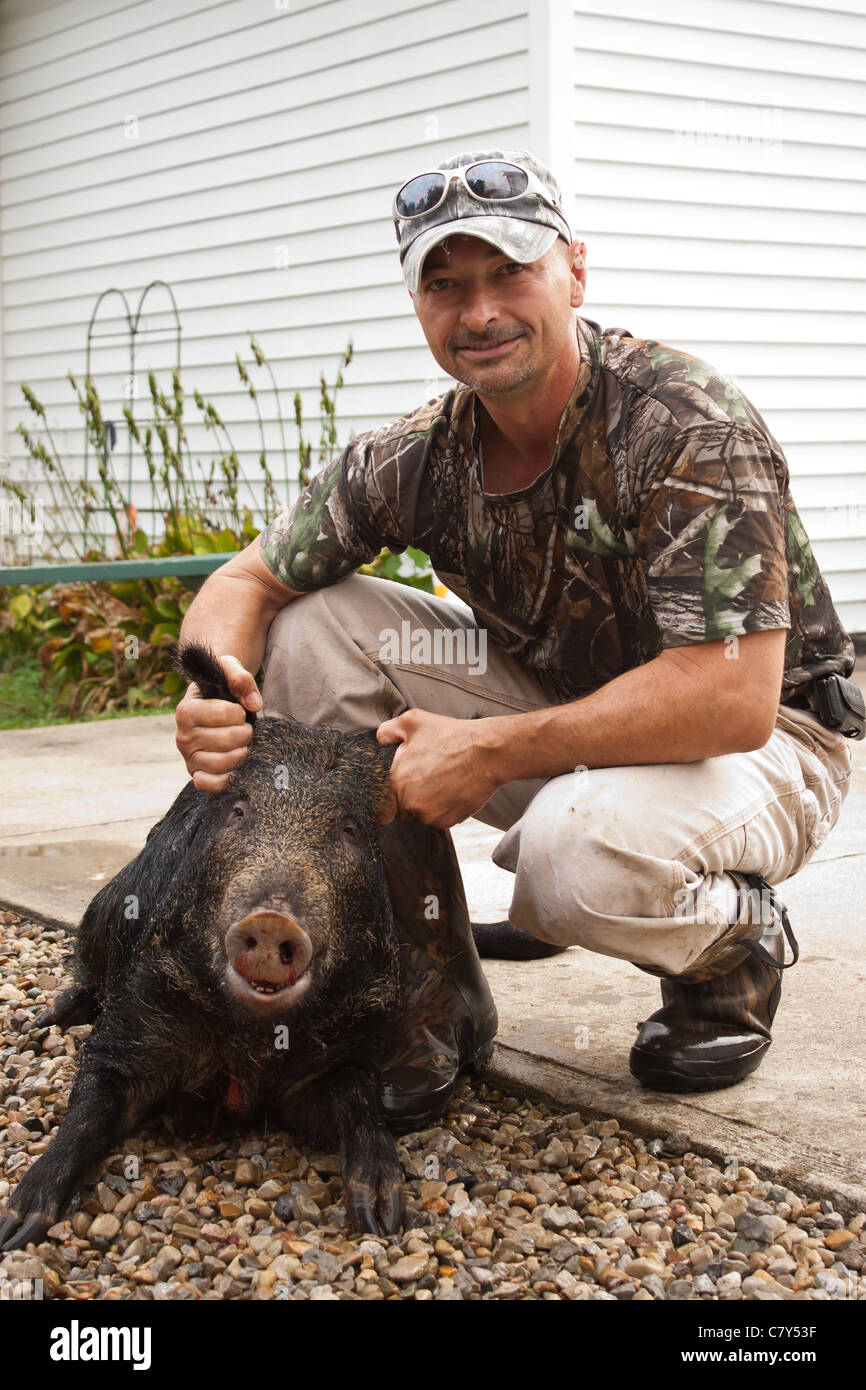 Hunter holding killed wild boar up for picture Stock Photo