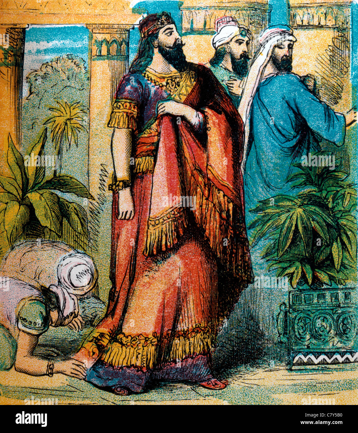 Bible Stories - Illustration Of King Ahasuerus Arranges A Feast In The Court Of The Garden in Shushan Palace Stock Photo