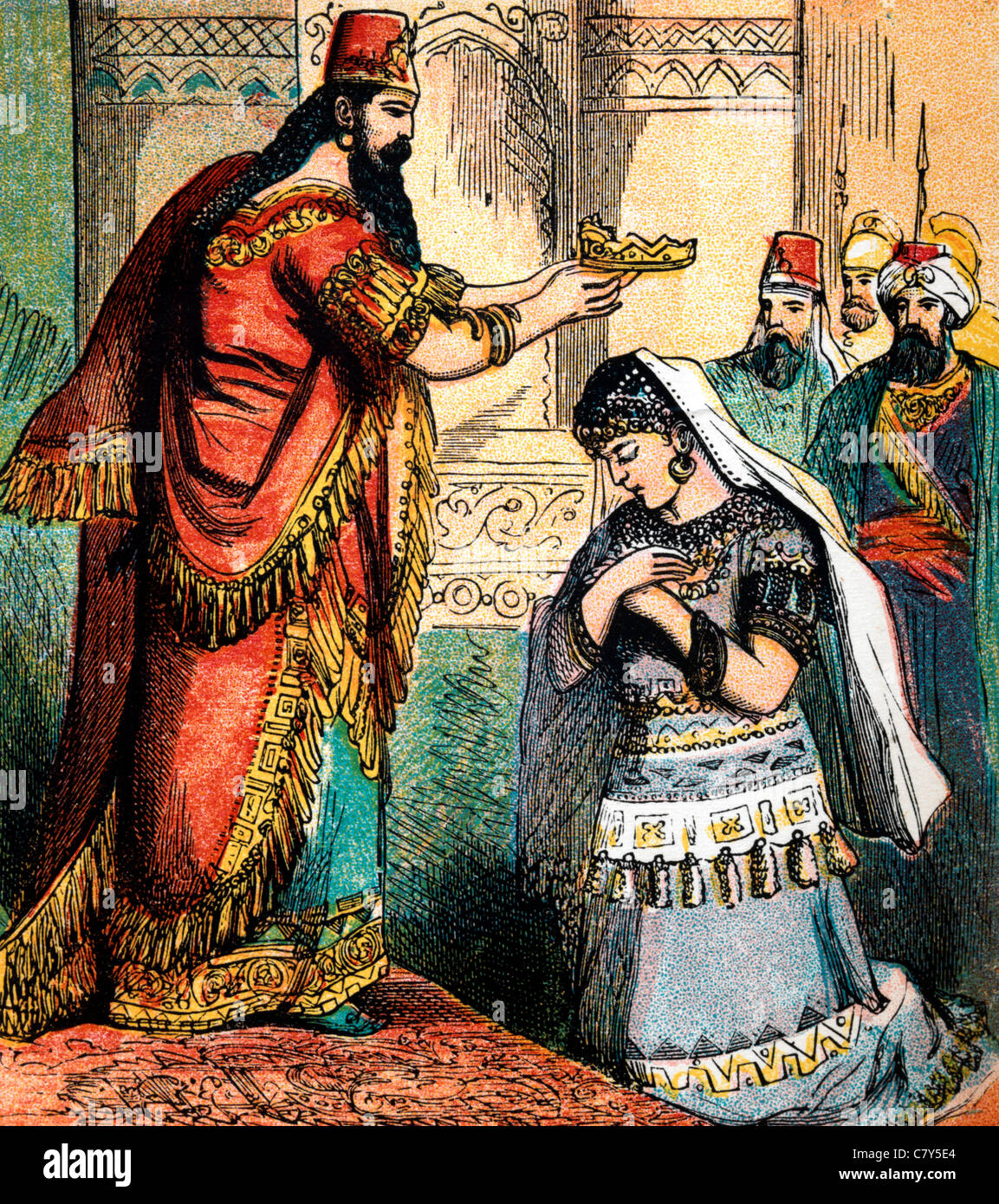 Bible Stories - Illustration Of King Ahasuerus Placing The Crown Upon Esther's Head Making Her Queen Stock Photo
