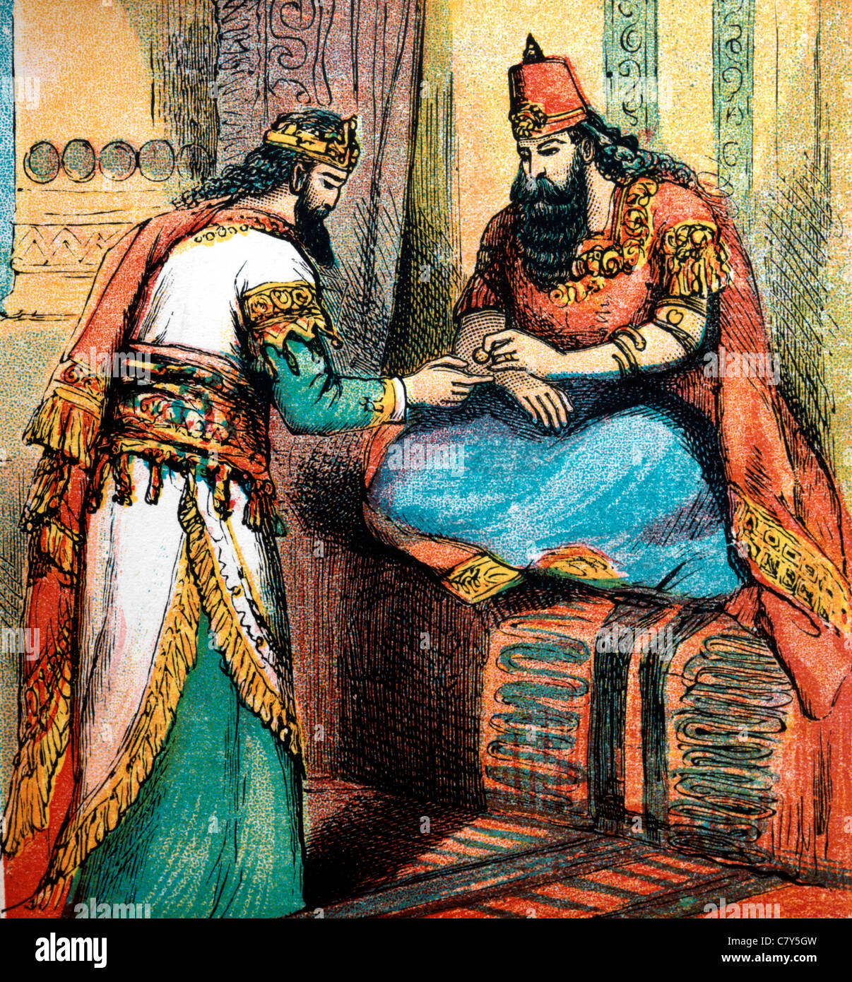 Bible Stories - Illustration Of King Ahasuerus Gives His Ring To Haman Stock Photo