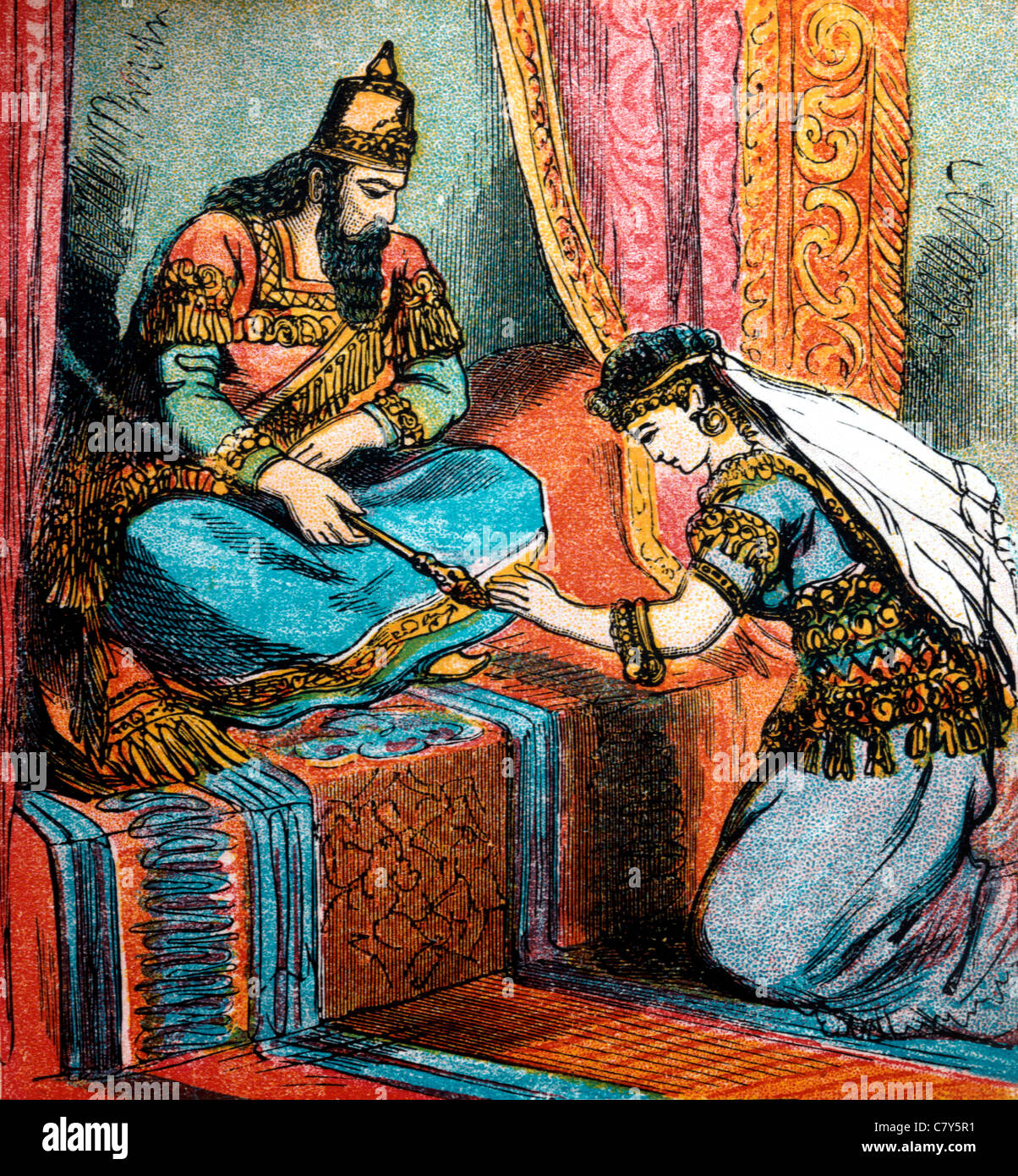 Bible Stories - Illustration Of Esther Kneels Before King Ahasuerus Who Then Held Out The Golden Sceptre To Show She Was not to Stock Photo