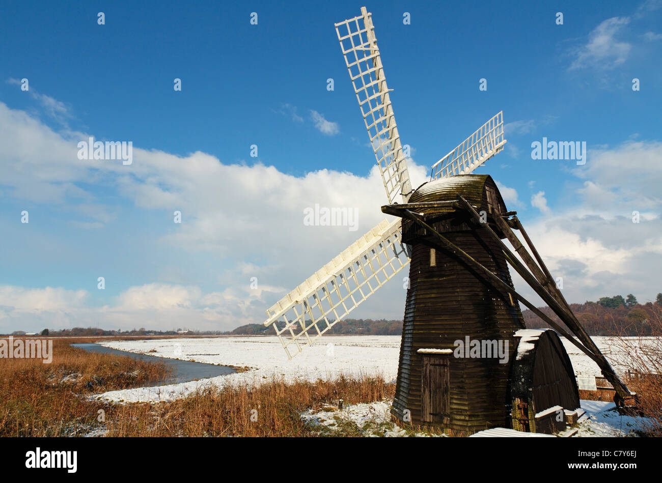 Winter scene of Herringfleet Smock Mill (Windpump), The Norfolk and ...