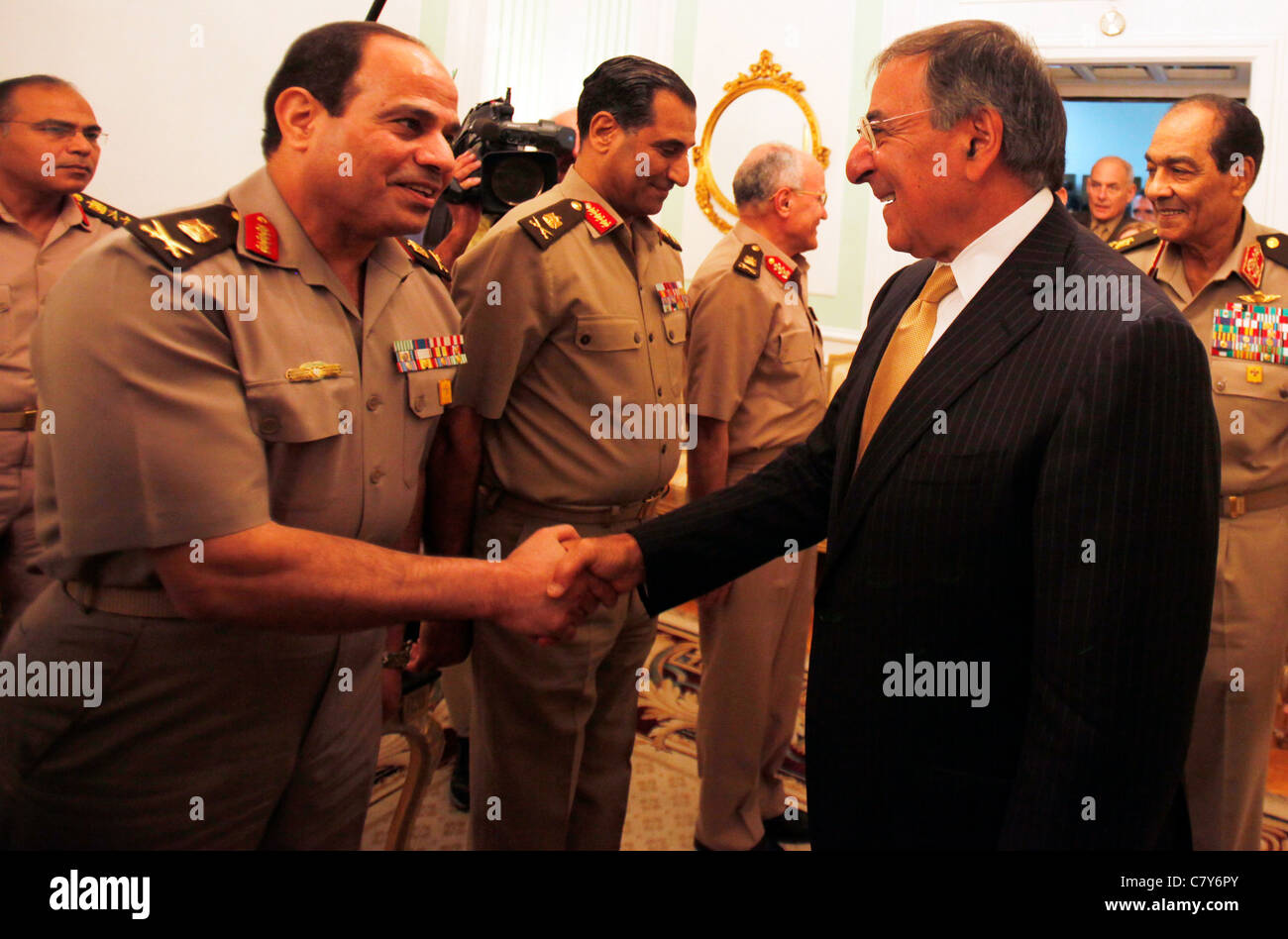 U.S. Secretary of Defense Leon Panetta (R) is greeted by Egyptian military at his meeting with Field Marshal Tantawi Stock Photo
