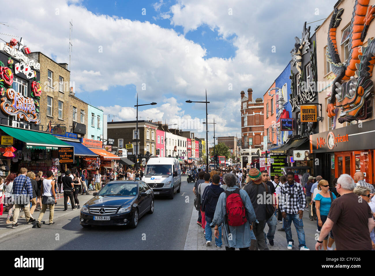 Shops on Camden High Street, Camden Town, North London, England, UK Stock Photo