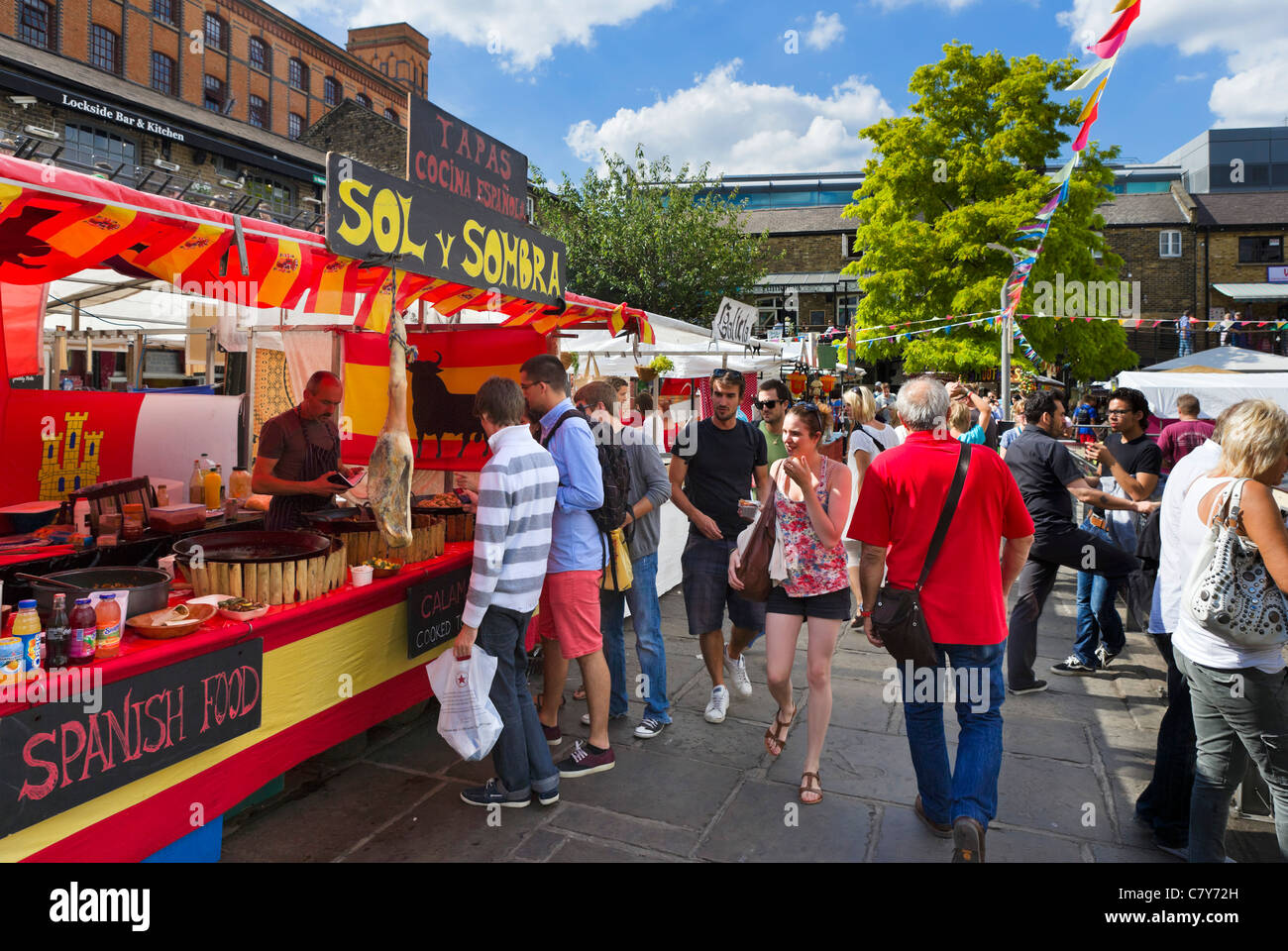 Food stalls at Camden Lock, North London, England, UK Stock Photo