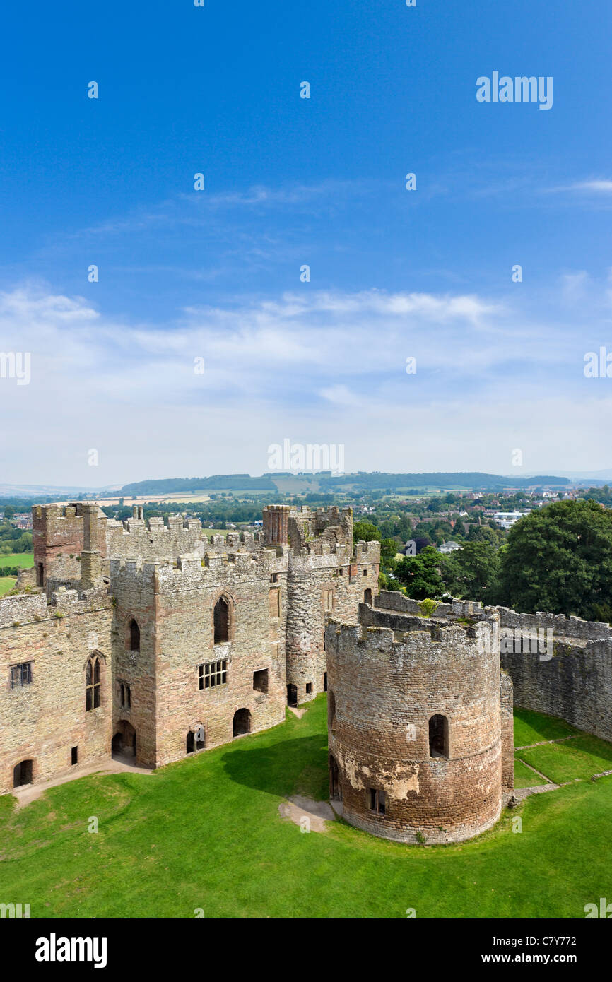 Ruins of Ludlow Castle and a view out over the Shropshire countryside, Ludlow, Shropshire, England, UK Stock Photo