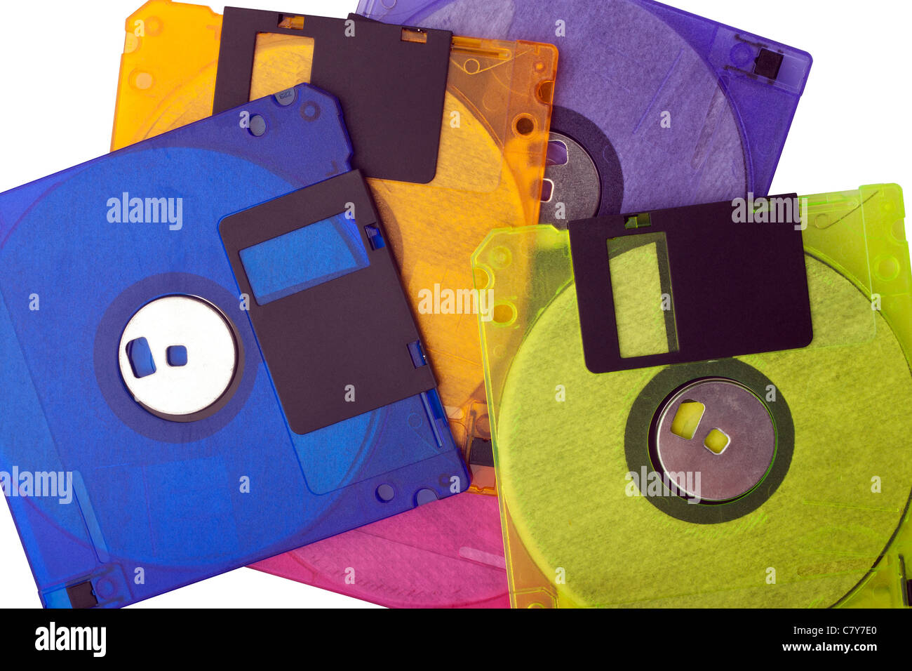 Multicolored floppy disks scattered against white background Stock Photo