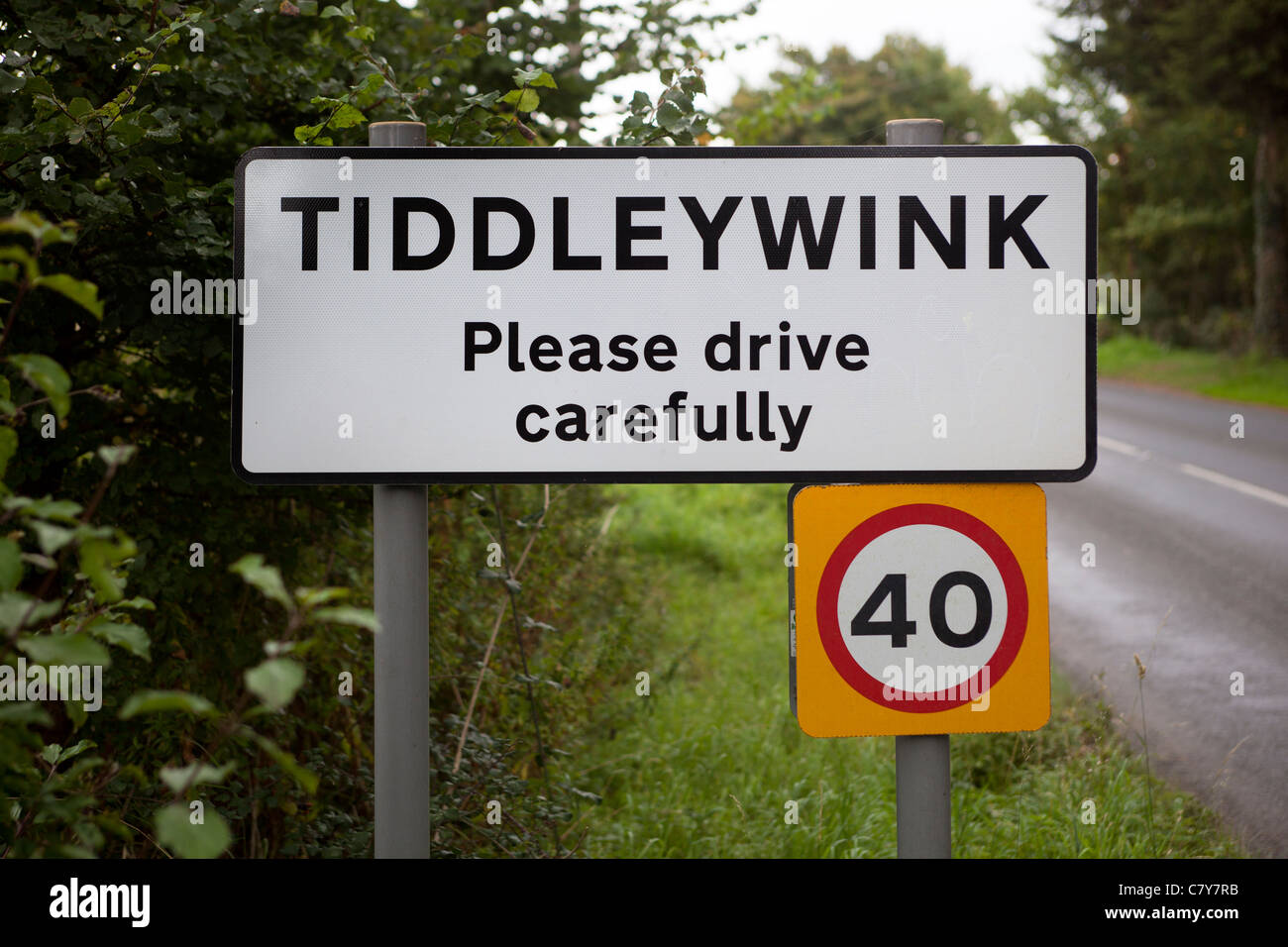 Road Sign at the entrance to the small village of Tiddleywink Wiltshire Stock Photo