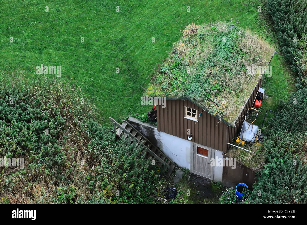 Aerial view of house with traditional Norwegian grass roof Stock Photo
