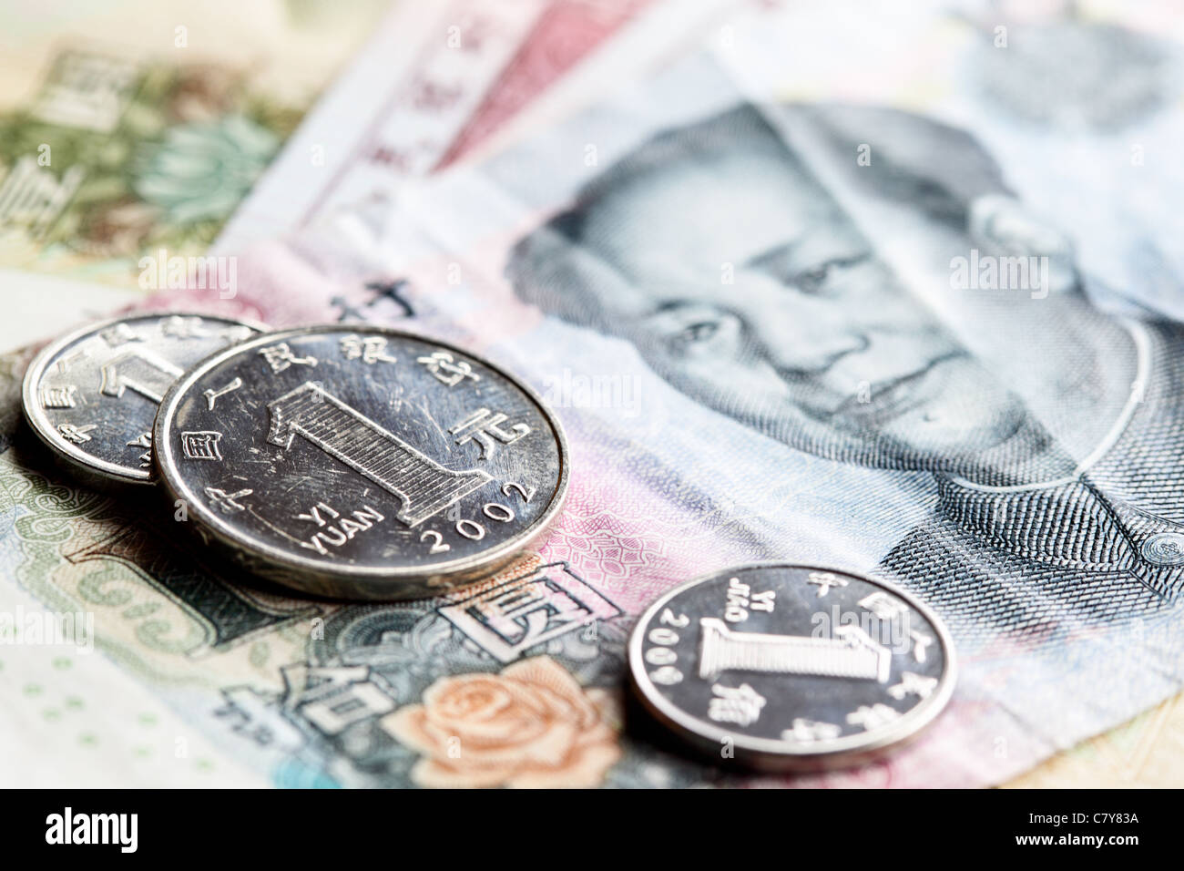 Chinese yuan renminbi banknotes and coins close-up Stock Photo