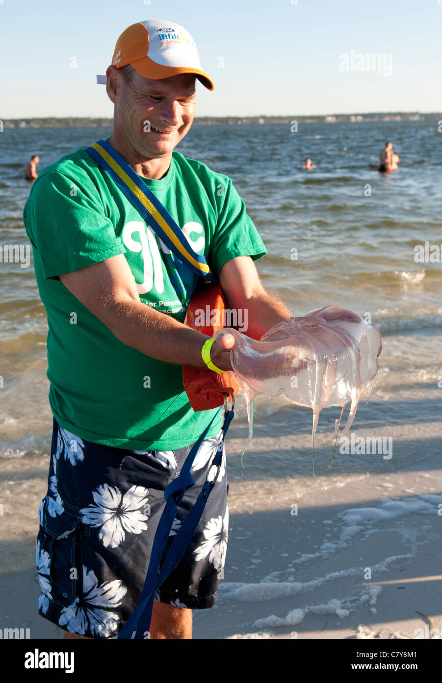 A man holds a jellyfish that he scooped out of Pensacola Bay Stock