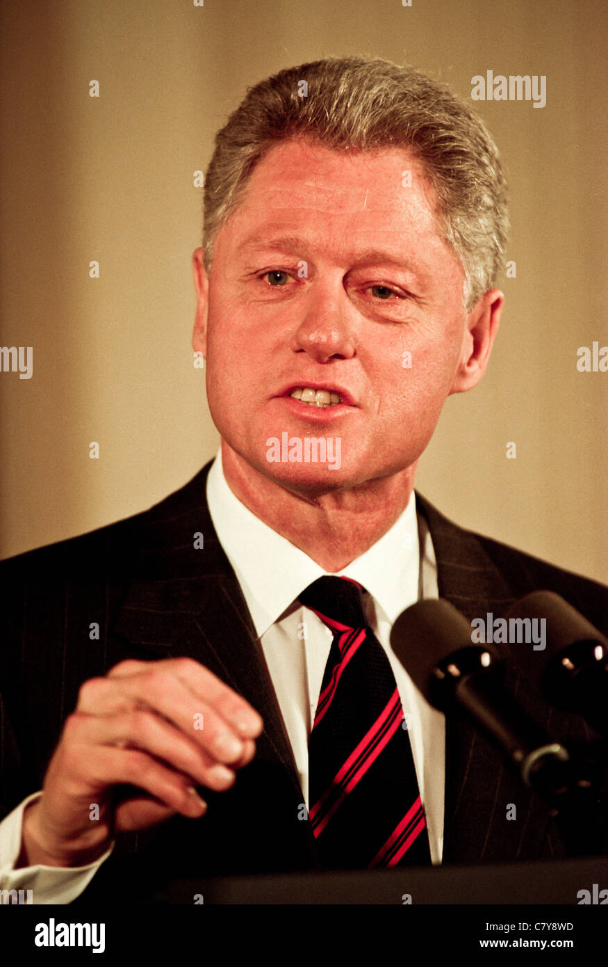 President Bill Clinton pauses during an event in the East Room of the White House January 13, 1999 Stock Photo