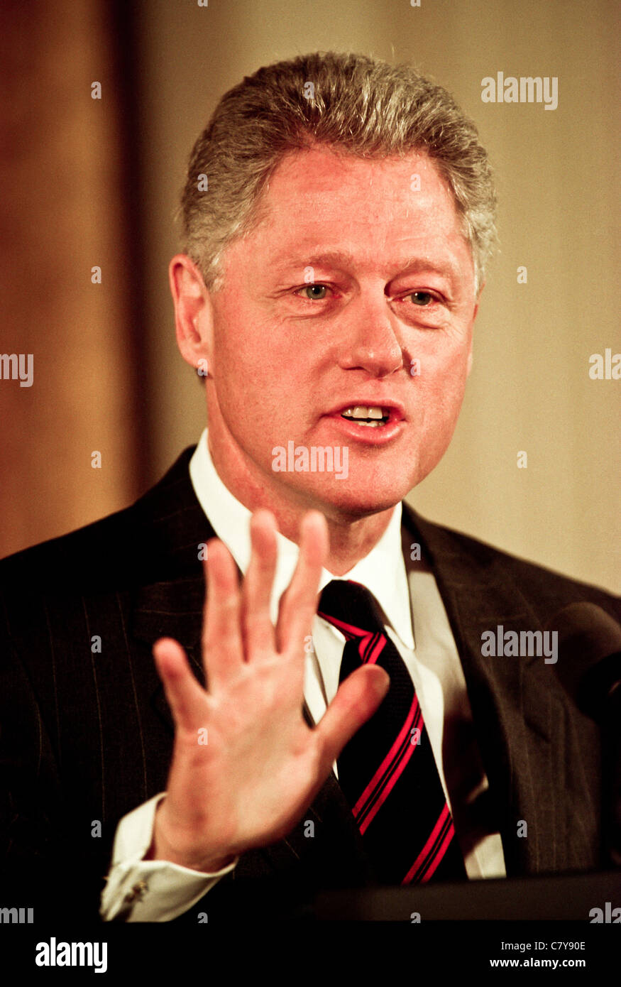 President Bill Clinton pauses during an event in the East Room of the White House January 13, 1999 Stock Photo