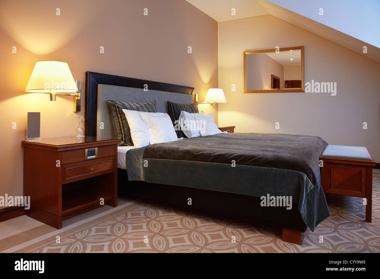 Hotel room interior, double bedroom Stock Photo