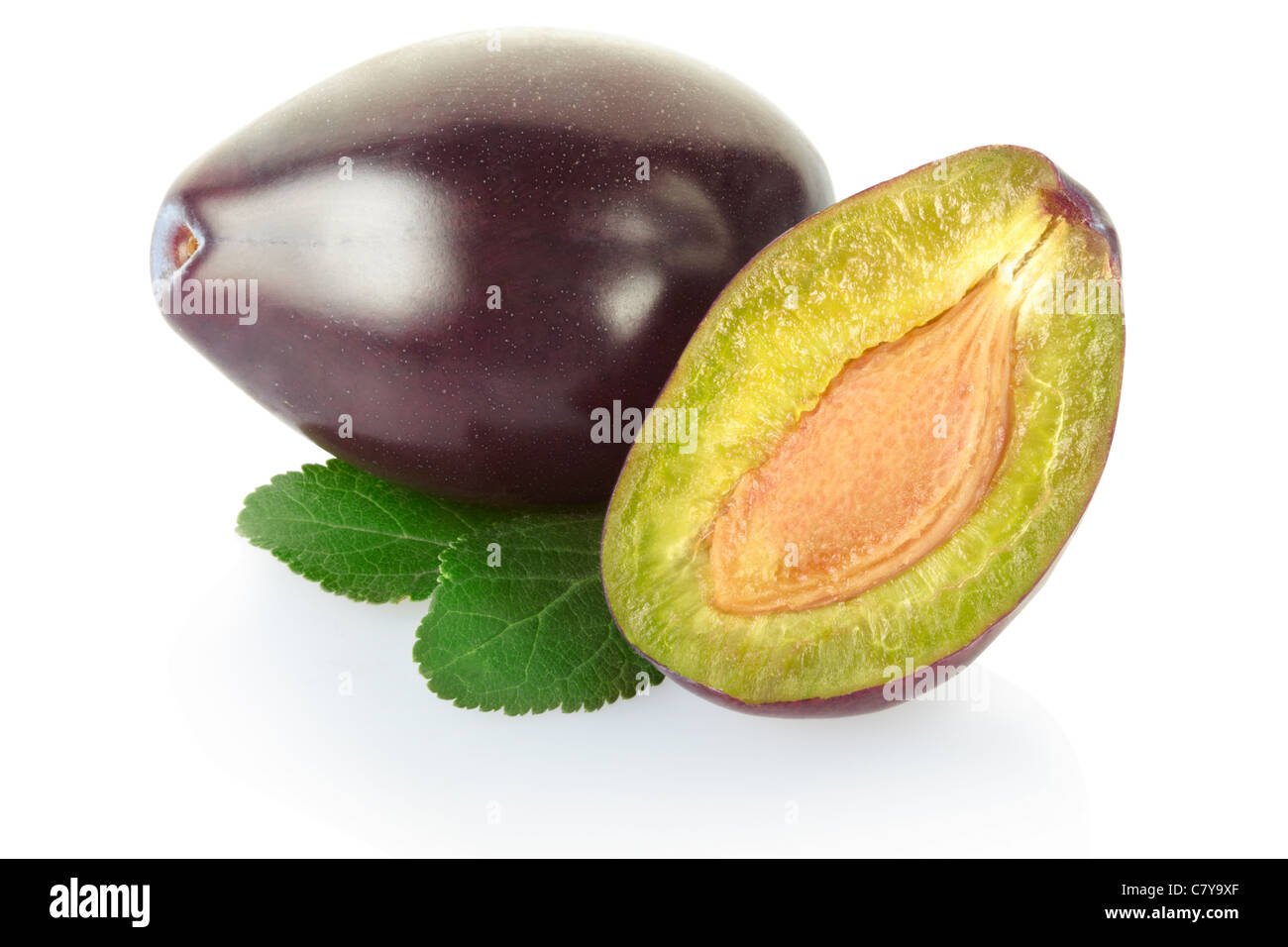 Plum with leaves isolated Stock Photo