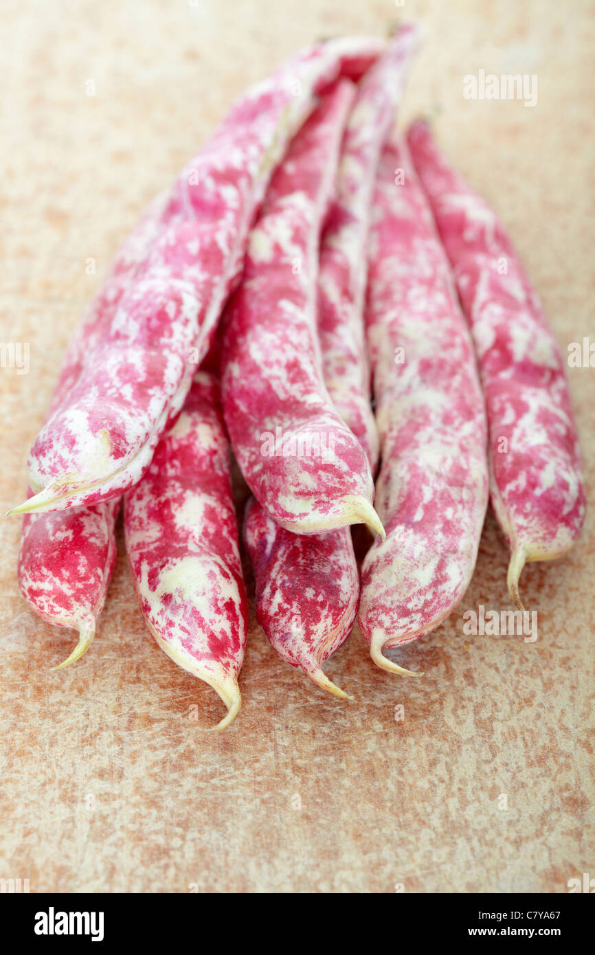 Pinto red bean pods on cutting board Stock Photo