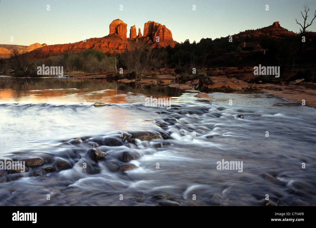 USA, Cathedral Rock on Oak Creek in Sedona Arizona at sunset Stock ...