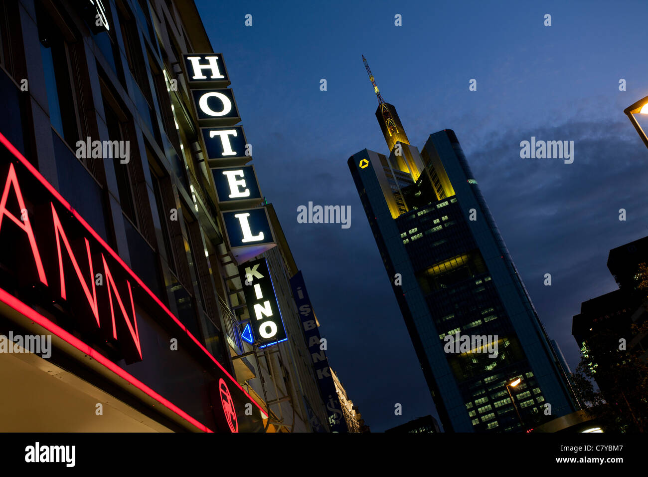 A hotel and cinema sign in the centre of Frankfurt am Main in Germany Stock Photo Alamy