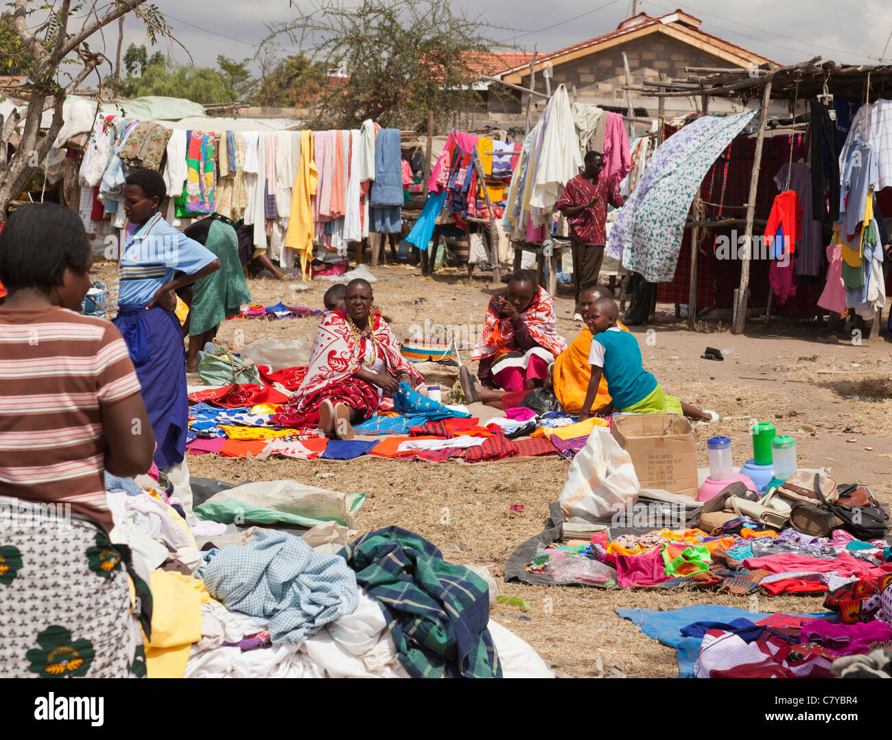 Stalls selling fabrics and clothing in the market at Kajiado, Kenya