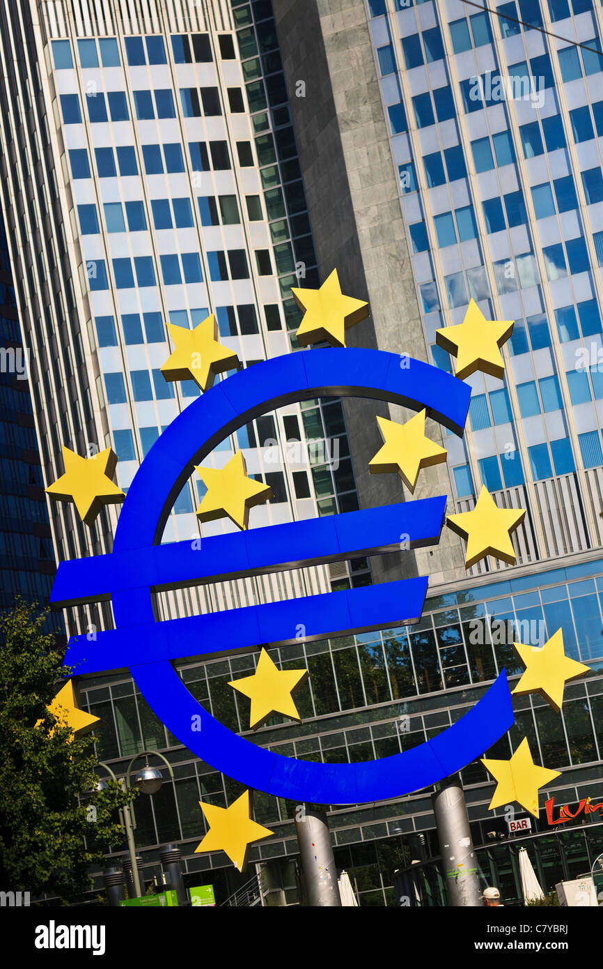 Euro sign in front of the European Central Bank in Frankfurt am Main. Stock Photo