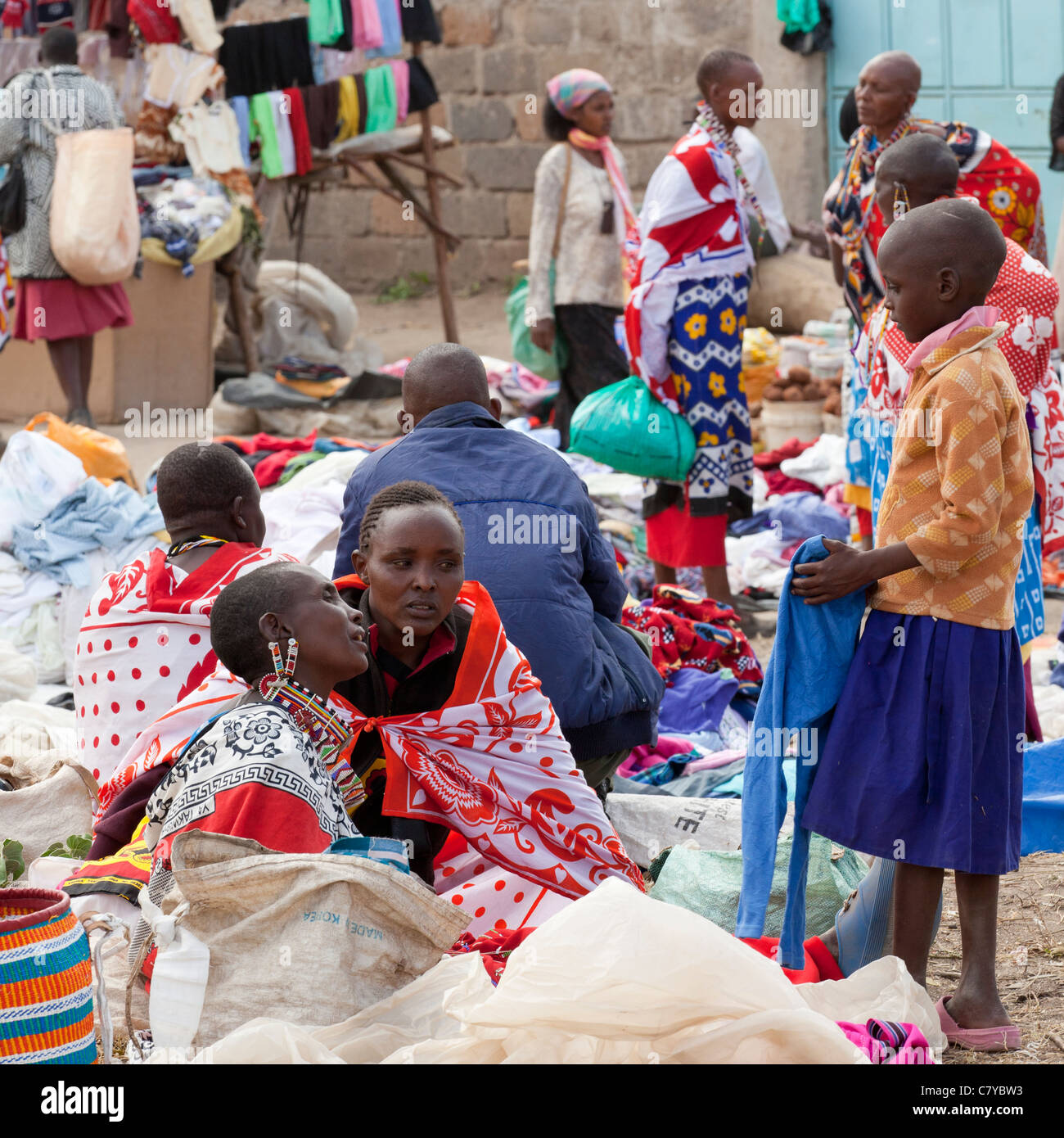 Stalls selling fabrics and clothing in the market at Kajiado, Kenya