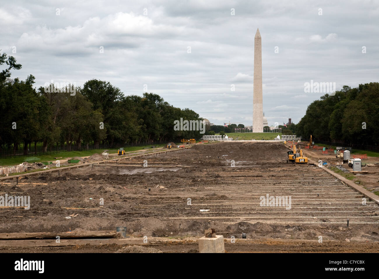 View of the National Mall, Washington DC looking towards the Monument, and restoration of the reflecting pools Stock Photo