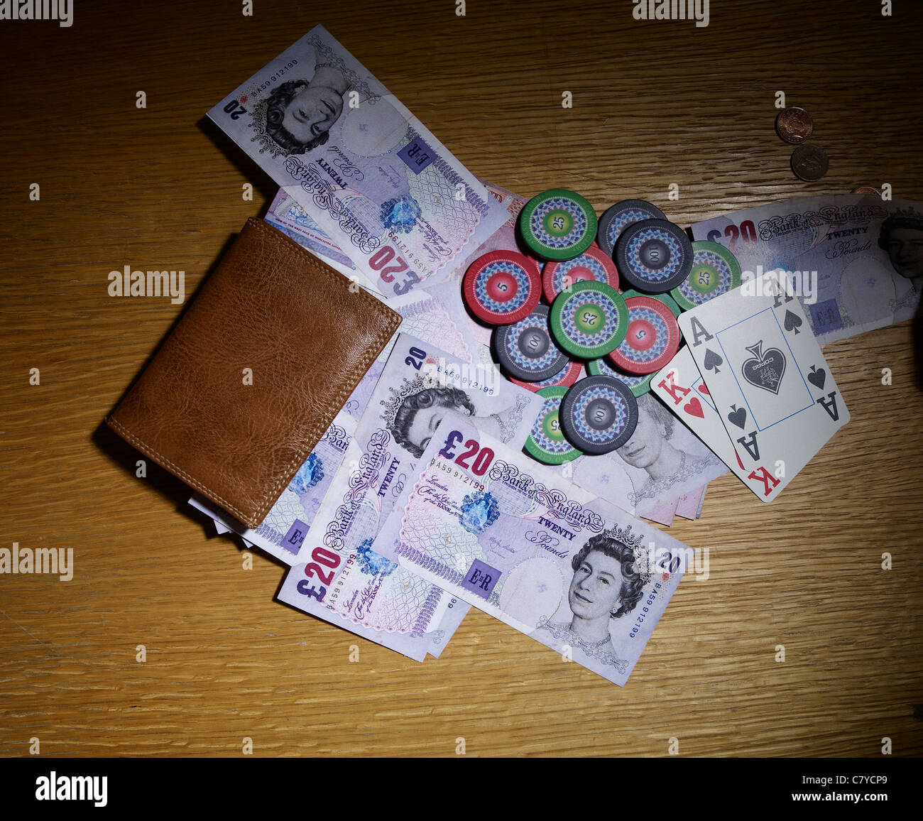 Wallet cash and poker chips Stock Photo
