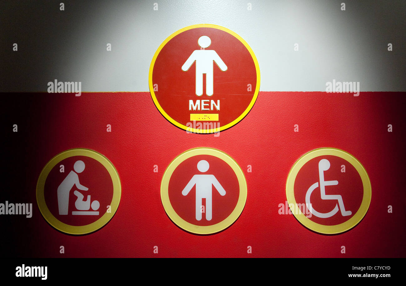 Signs for the mens toilet including nappy changing and disabled facilities, USA Stock Photo