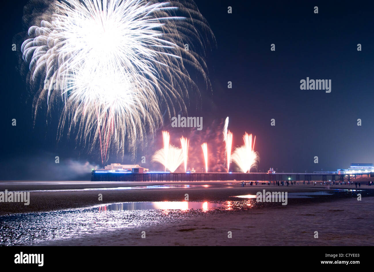 Fireworks Over the North Pier, Blackpool, Lancashire, England, UK Stock Photo