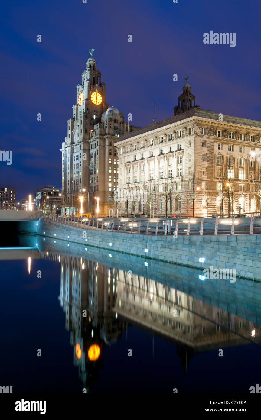 The Liver Building and Pier Head Area at Night, Liverpool, Merseyside, England, UK Stock Photo